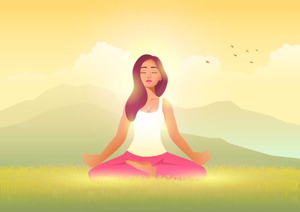 Serenity in nature, beautiful woman meditating in the nature, cartoon vector in EPS 10 format - Vector, Image