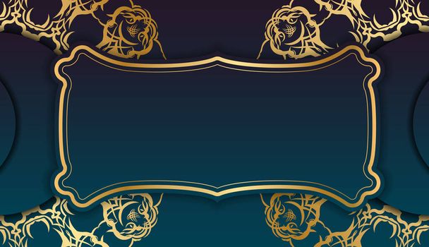 Шаблон голубого градиентного баннера с индийским золотым орнаментом для оформления под вашим логотипом или текстом - Вектор,изображение