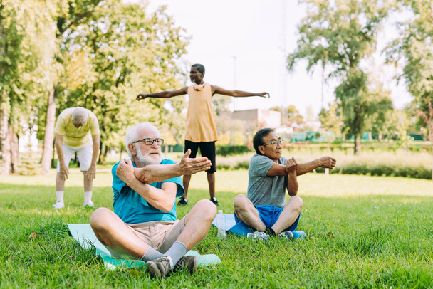 group of senior friends training at the park. Lifestyle concepts about seniority and third age - Фото, зображення
