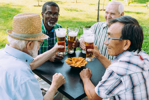 gruppo di amici anziani che bevono una birra al parco. Concetti di stile di vita sull'anzianità e la terza età - Foto, immagini