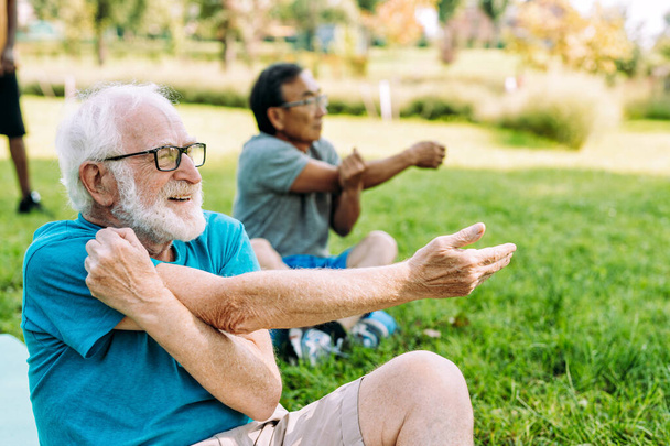 group of senior friends training at the park. Lifestyle concepts about seniority and third age - 写真・画像
