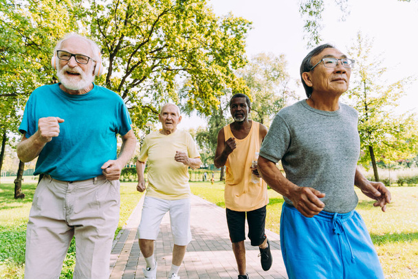 gruppo di amici anziani che si allenano al parco. Concetti di stile di vita sull'anzianità e la terza età - Foto, immagini