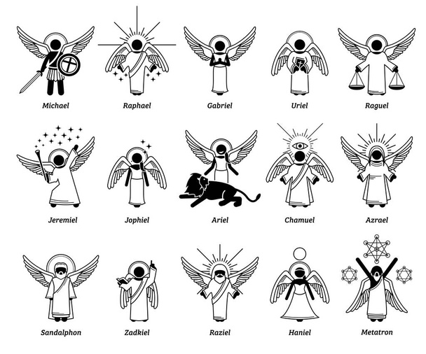 Arcángeles de Dios, ángeles, querubines y santos. Ilustraciones vectoriales representan la lista de los arcángeles cristianos o ángeles del cielo.  - Vector, imagen