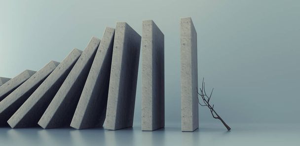 Heavy domino concrete pieces falling over a branch .. Inevitable failure concept . This is a 3d render illustration .  - Photo, Image