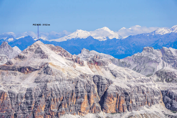 Panorama from Punta Rocca / 3265 m / of the Marmolada array towards peak Piz Boe Dolomiti, Italy.                                - Photo, Image