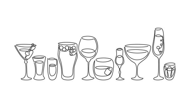 Eine Linie zeichnet Martini Rum Weinlikör Champagner Tequila Bier Whiskey Wermut Wodkaglas auf weißem Hintergrund. Schwarz-weiße Objekte sind hintereinander angeordnet. Handgezeichnete durchgehende Linie Weg - Vektor, Bild