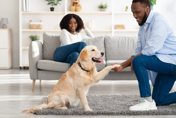 Sorridente uomo nero che gioca con il cane in soggiorno - Foto, immagini
