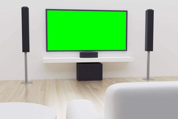 3Dレンダリングオーディオシステム付きホワイトクリーンなホームシアタールーム広告モンタージュのための液晶テレビブランクスクリーン. - 写真・画像