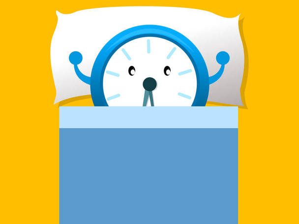 ρολόι που βρίσκεται στο κρεβάτι που αντιπροσωπεύει την έννοια του ύπνου - Διάνυσμα, εικόνα