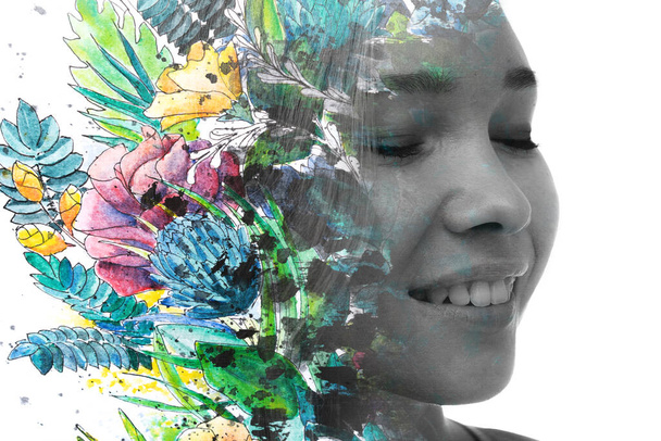 Paintigraphy. Colorful tropical plants combined with a black and white portrait - Photo, Image
