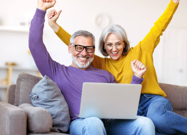 Heureux couple de famille sénior excité célébrant le succès tout en étant assis sur le canapé avec ordinateur portable - Photo, image
