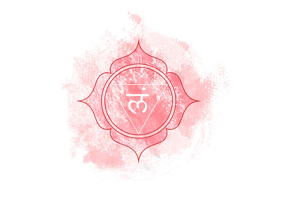 Primo chakra di Muladhara, radice modello logo chakra in stile acquerello. Meditazione segno sacrale rosso, yoga round mandala icona vettore isolato su sfondo bianco  - Vettoriali, immagini