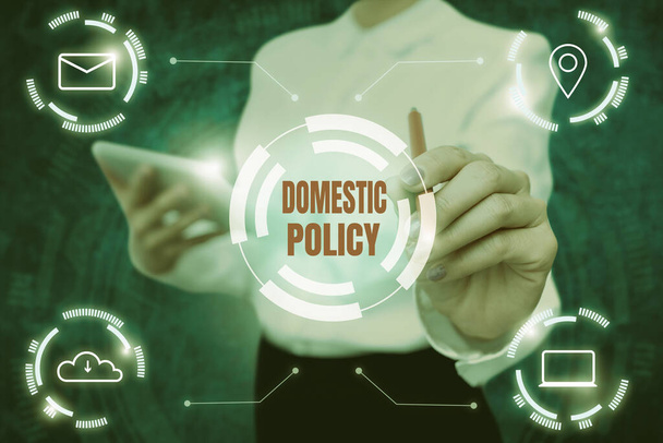 Text sign showing Domestic Policy. Word for Actions taken by a national government to deal with issues Lady In Uniform Holding Tablet In Hand Virtually Typing Futuristic Tech. - Photo, Image