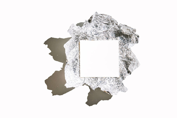 Trend sunny foil mockup. White paper. Congratulations metal card. Zero waste - Фото, изображение