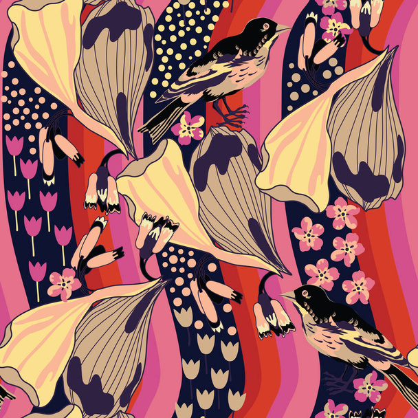 varrat nélküli mintát a virágok és a madarak - Vektor, kép