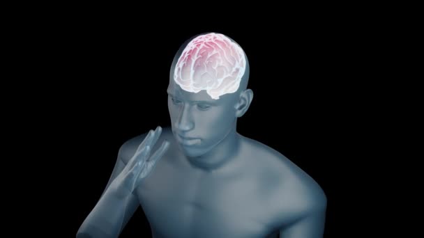 Animation stylisée en 3D rendre l'homme transparent tient sa main près de son temple néon cerveau palpite de lumière rouge. Douleur, inflammation, cancer, métastases dans la tête. IRM, radiographie, diagnostic - Séquence, vidéo