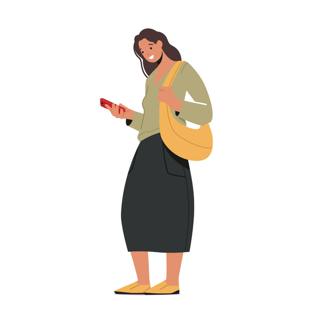 Jonge vrouw berichtgeving, student meisje karakter sms 'en of bel op mobiele telefoon, berichten sturen naar vrienden gebruik van mobiele telefoon - Vector, afbeelding