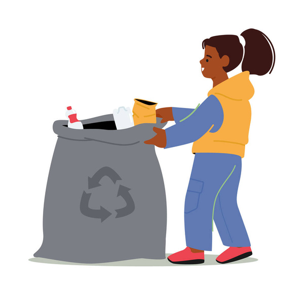 Vyčištění koše, ochrana životního prostředí, koncepce recyklace vrhu. Dívka házet odpadky do pytle izolované na bílém pozadí - Vektor, obrázek