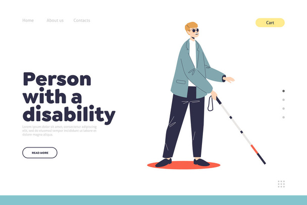 Persona con discapacidad concepto de landing page con joven ciego en gafas de sol con bastón - Vector, Imagen