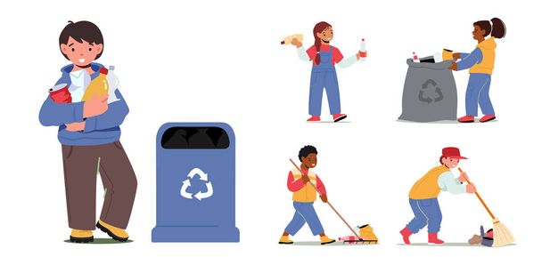 子供文字のセットはゴミ箱を収集します。生態保護、社会的慈善の概念。子供ボランティア清掃ゴミ, - ベクター画像