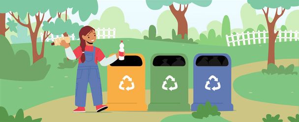 Bambina personaggio gettare spazzatura in contenitori cestino con segno di riciclaggio nel parco. Protezione dell'ambiente, inquinamento - Vettoriali, immagini