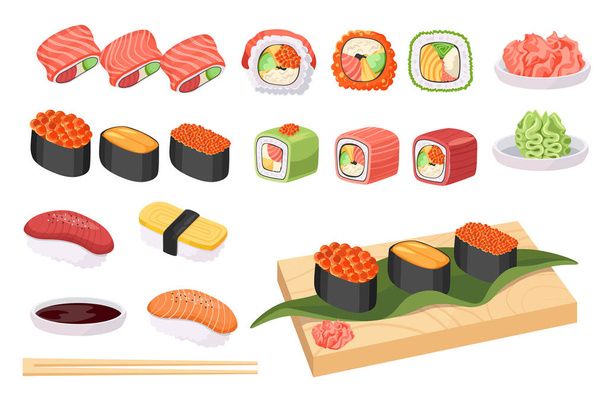 日本食、日本料理寿司、魚や海藻とロールを設定します。Seafood Gunkanmaki Ikura, Tobiko, Uni, Uramaki - ベクター画像