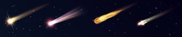 Набір падаючих комет. Реалістичні об'єкти всесвіту, сяючі блискітки метеорита, астероїда та зірок
 - Вектор, зображення