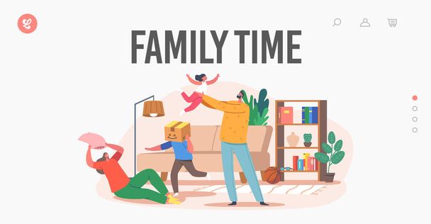 Modèle de page d'atterrissage du temps familial. Personnages heureux Parents et enfants Jouer, tromper dans la chambre. Père, mère et enfants - Vecteur, image
