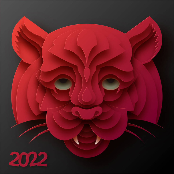 Capodanno cinese 2022 anno della tigre fiore rosso e oro ed elementi asiatici carta tagliata con stile artigianale su sfondo. (traduzione: Capodanno cinese 2022, anno della tigre  - Vettoriali, immagini