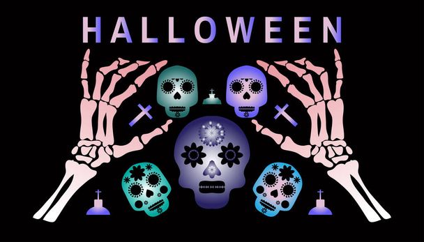 Happy Halloween  neon template background. Festive  banner, poster  with  Calavera la Catrina, skulls,  skeleton. flowers. Vector illustration - Διάνυσμα, εικόνα