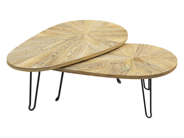 Moderní styl různých velikostí hnízdících stolů s kovovou základnou a dřevěnou střechou na bílém pozadí. Moderní, Loft, skandinávský interiér. 3D vykreslení - Fotografie, Obrázek
