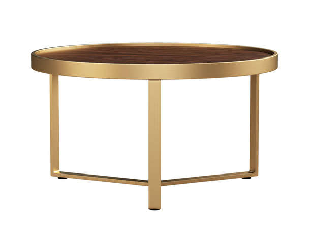 Mid-century style coffee table with rich walnut top and a matte brass metal frame on white background. Round coffee table. Modern, Loft, Scandinavian interior. 3d render - Photo, Image
