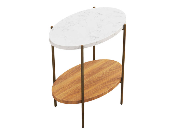 Modern style end table with brass metal base, marble top and wooden shelve on white background. Oval coffee table. Modern, Loft, Scandinavian interior. 3d render - Photo, Image