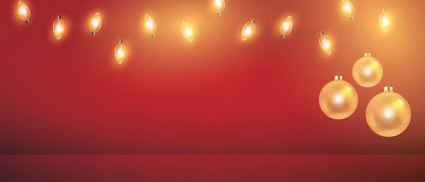 Різдвяні вогні та золоті кульки на червоному тлі. Блискуча реалістична гірлянда для новорічних свят листівки, банери, плакати
 - Вектор, зображення