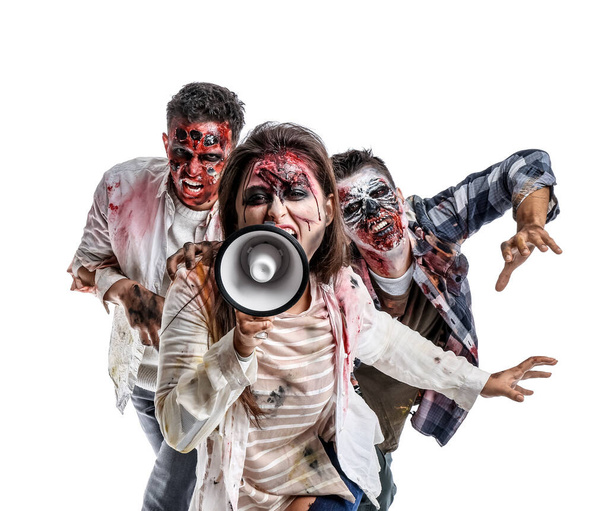 Zombies aterradores con megáfono sobre fondo blanco - Foto, Imagen