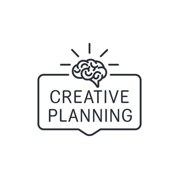 Creative planning badge with brain. Vector linear icon isolated on white background. - Vektor, kép