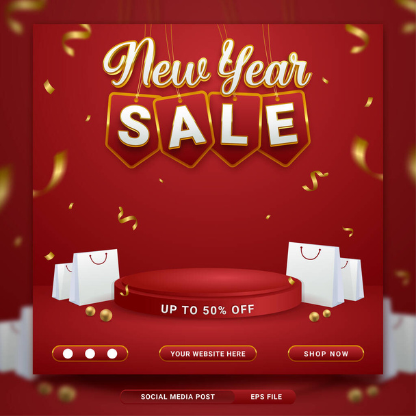 New Year Sale Promo Social Media Banner Vorlage mit Einkaufstasche auf rotem Hintergrund - Vektor, Bild