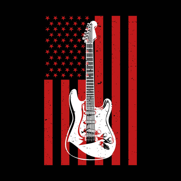 アメリカ国旗を背景にしたヴィンテージデザインのギター｜ビンテージイラスト - ベクター画像