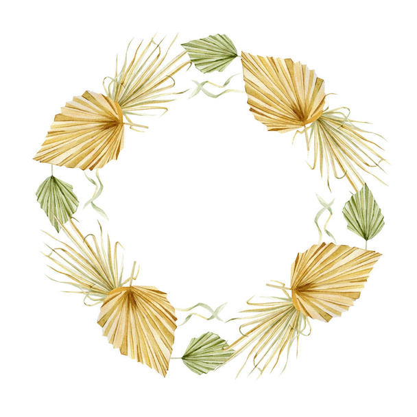 Watercolor tropical floral wreath. Glomour golden color dried jungle leaves in trendy boho style. Bohemian elements for wedding invintation, greeting card, poster. - Фото, изображение