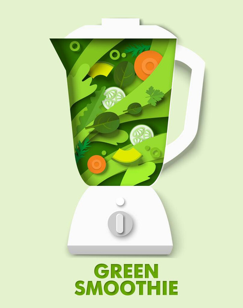 Blender with delicious green vegetable smoothie, vector paper cut illustration. Healthy drink. Food rich in vitamins. - Vettoriali, immagini