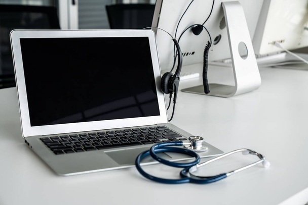Headset and doctor equipment at clinic ready for actively support for patient - Photo, Image
