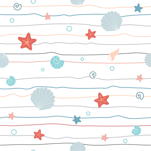 Bébé motif sans couture avec étoiles de mer et coquillages, sur blanc. Fond vectoriel de pépinière. Parfait pour le tissu, le textile de pépinière. - Vecteur, image