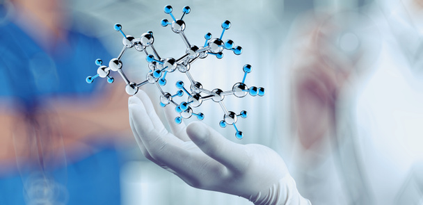 scientist doctor hand holds virtual molecular structure in the l - Photo, Image