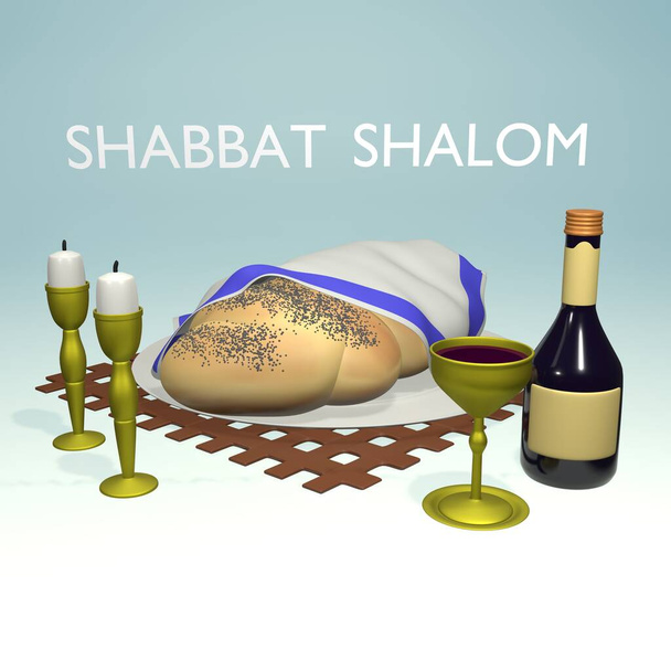 Şalom Şabat, bir Yahudi bayramı. Kartpostal tasarımı. Şabat masası. Ekmek, iki şamdan, bir şişe şarap ve bir bardak. 3d oluşturma - Fotoğraf, Görsel