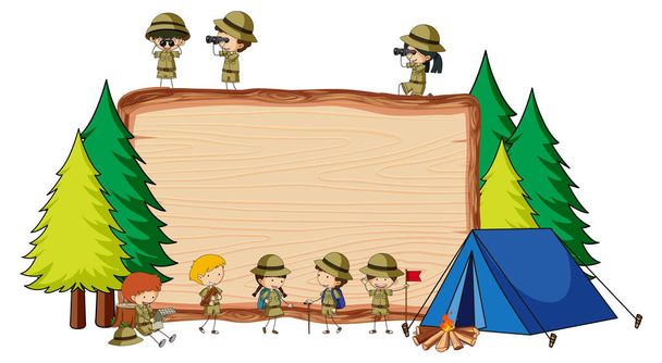 Panneau en bois vide avec de nombreux enfants dans le thème scout illustration isolée - Vecteur, image