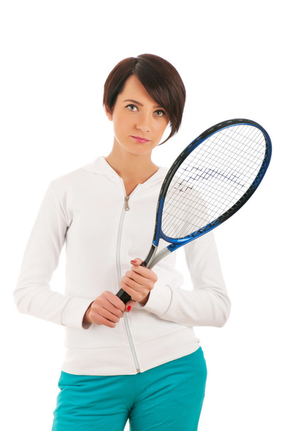 Nuori tyttö tennismaila ja bal eristetty valkoinen - Valokuva, kuva