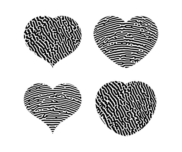 Silhouette coeur empreinte digitale. Ensemble de quatre empreintes digitales humaines en forme de coeur noir isolées sur fond blanc. Illustration vectorielle - Vecteur, image