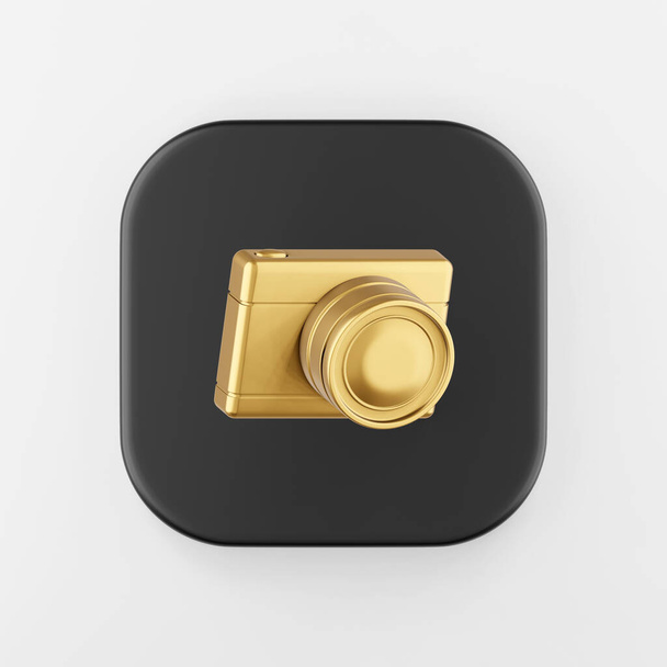 Gold digital photo camera icon. 3d rendering black square button key, interface ui ux element. - Photo, image