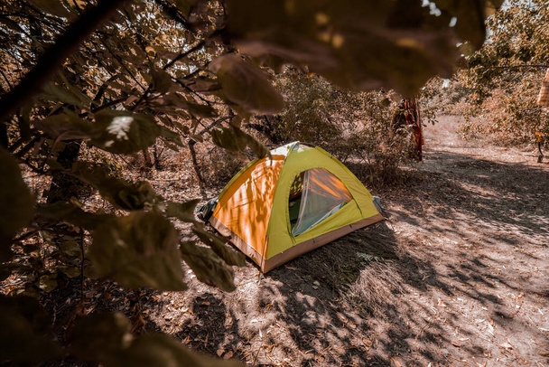  Een tent staat midden in een verlaten bosgebied in de herfst. Herfstwandeling. - Foto, afbeelding