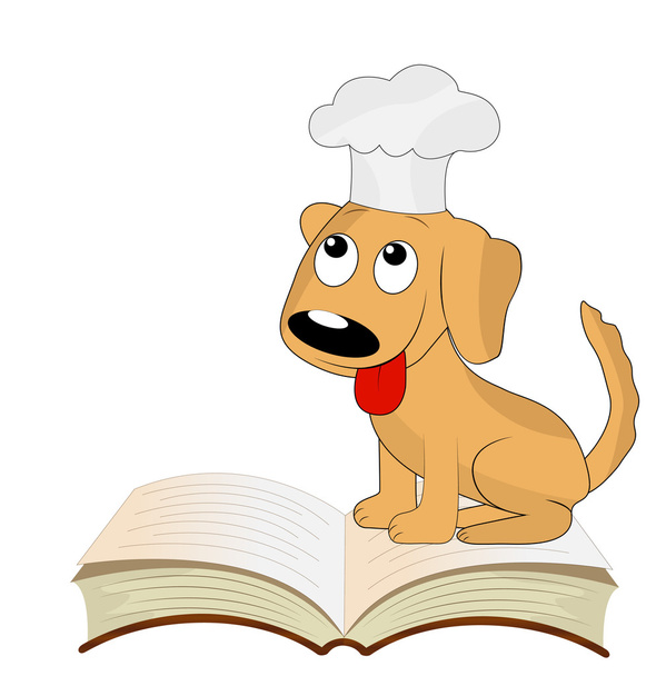  dog a cook sits on an open book - Vector, imagen